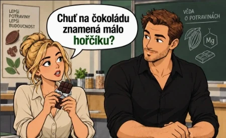 Ilustrovaná žena drží čokoládu a hovoří s mužem v učebně před tabulí.