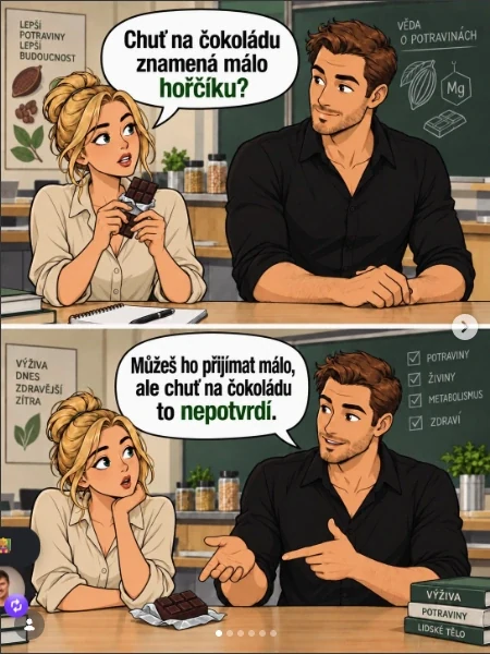 Dvoudílná ilustrace rozhovoru ženy s čokoládou a muže v učebně s tabulí.
