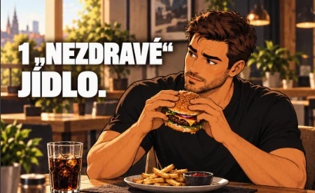 Ilustrovaný muž jí burger u stolu s hranolky a nápojem.