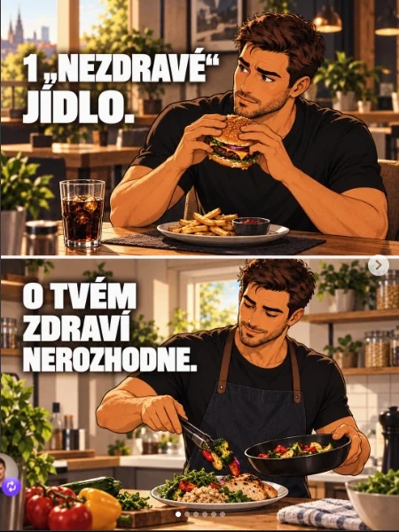 Dvoudílná ilustrace: muž jí burger a v druhé části připravuje jídlo na pánvi.