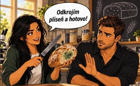 Ilustrovaná žena drží nůž a plesnivý chléb; muž zvedá ruku v nesouhlasném gestu.