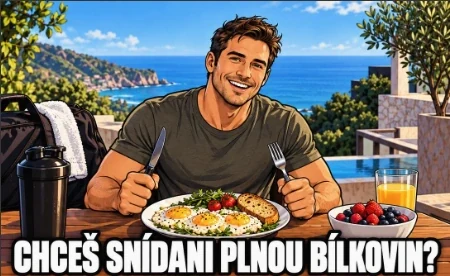 Ilustrovaný muž s talířem vajec při snídani u moře.